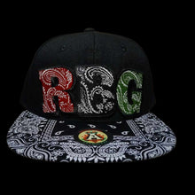 Load image into Gallery viewer, RBG Bandana Print Black Paisley Flat Brim Snapback Crown
