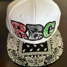 Load image into Gallery viewer, RBG Bandana Print Black Paisley Flat Brim Snapback Crown

